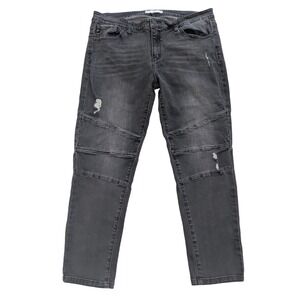 KanCan Wmns XL Moto Distressed Jeans Faded Blk Ribbed Knee Slim Fit Edgy Rocker